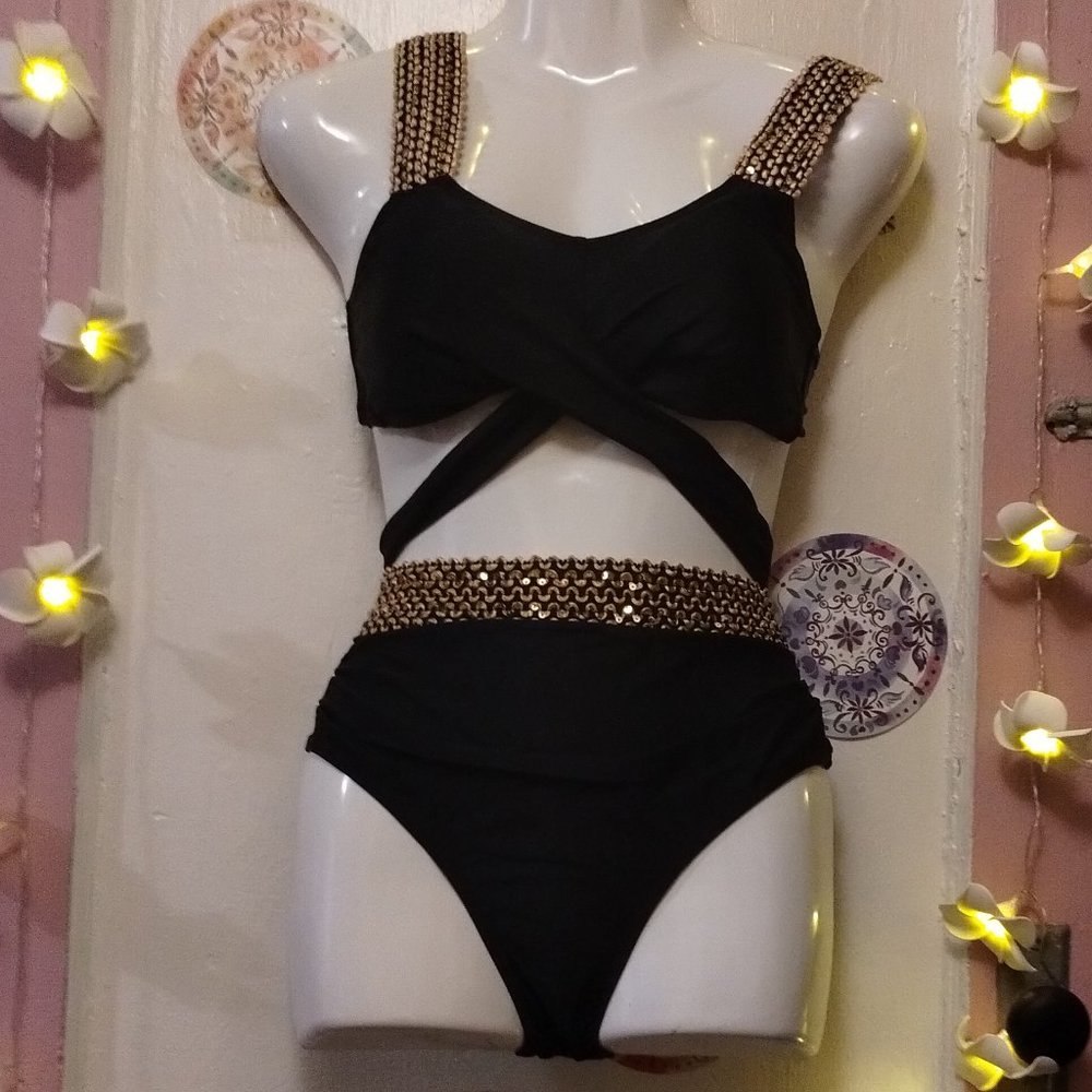 Black and Gold (S) Sequin Trimmed Bikini